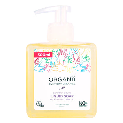 Organii Lavender and Olive Liquid Soap in a clear square bottle with a pump on white background