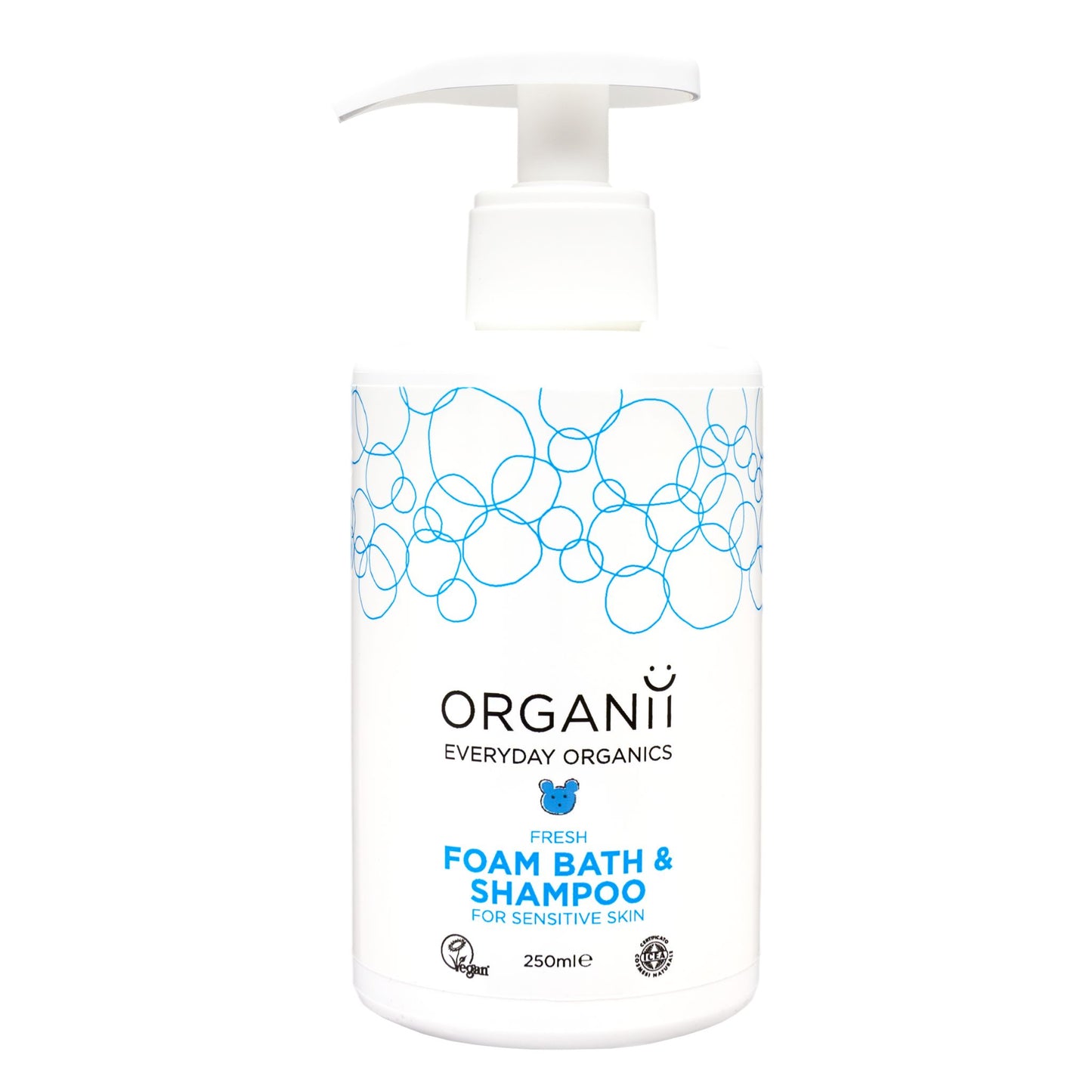 Organii fresh foam bath and shampoo for sensitive skin bottle on white background