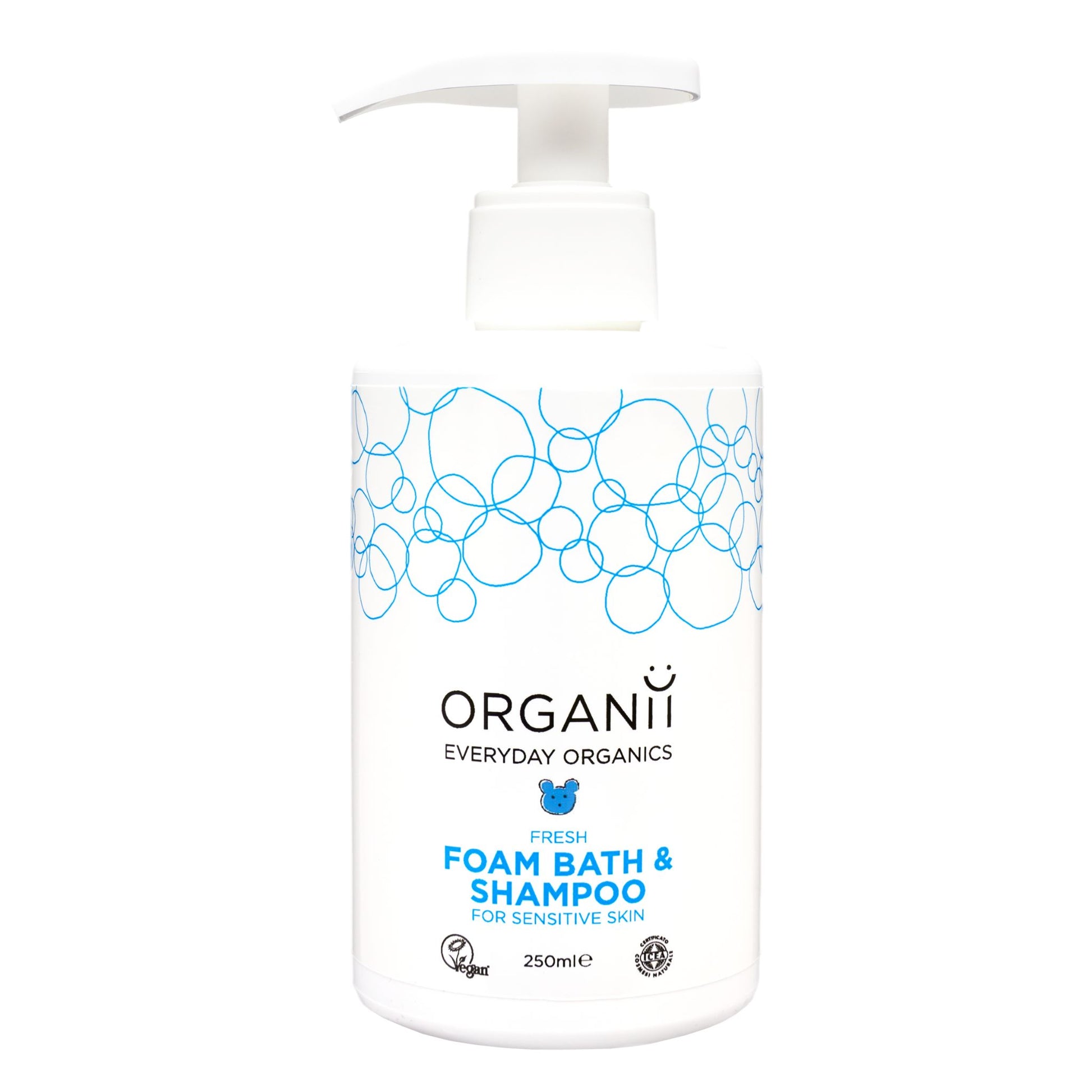 Organii fresh foam bath and shampoo for sensitive skin bottle on white background