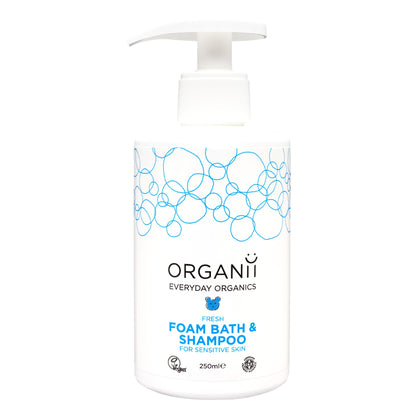 Organii fresh foam bath and shampoo for sensitive skin bottle on white background