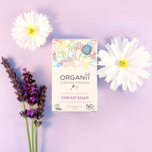 Organii Lavender and Chamomile Cream Soap Bar with organic shea butter in a biodegradable box with lavender and chamomile
