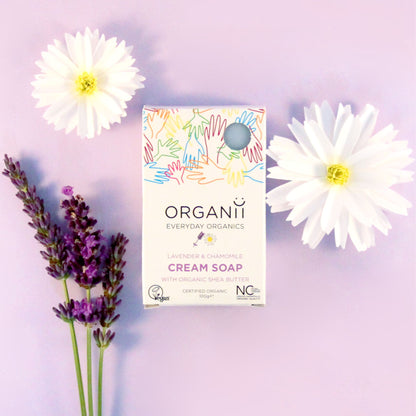 Organii Lavender and Chamomile Cream Soap Bar with organic shea butter in a biodegradable box with lavender and chamomile