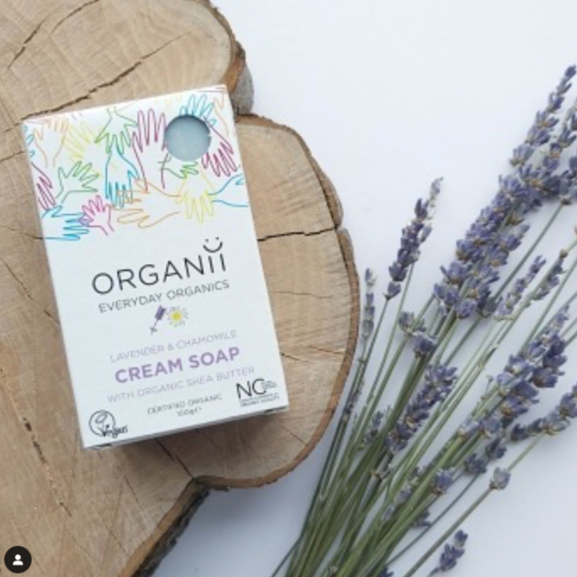 Organii Lavender and Chamomile Cream Soap Bar with organic shea butter in a biodegradable box with lavender and wood