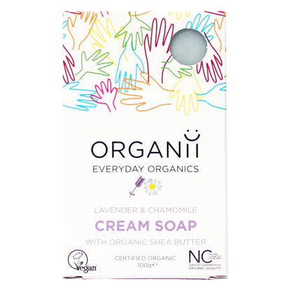 Organii Lavender and Chamomile Cream Soap Bar with organic shea butter in a biodegradable box