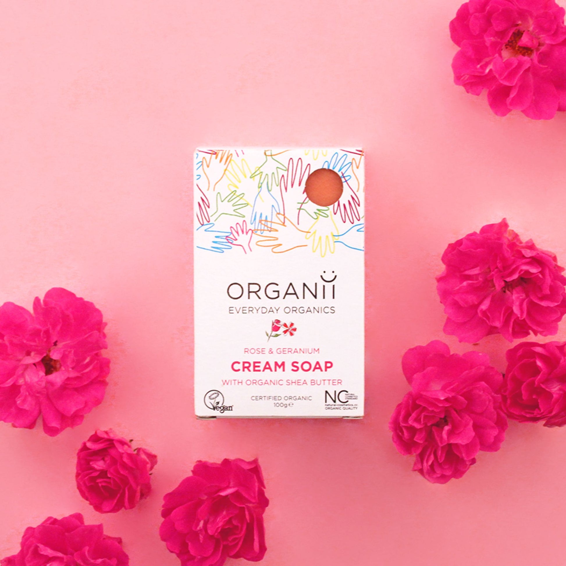 Organii Rose and Geranium Cream Soap Bar with shea butter in a biodegradable box with roses