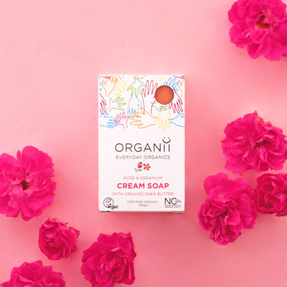 Organii Rose and Geranium Cream Soap Bar with shea butter in a biodegradable box with roses