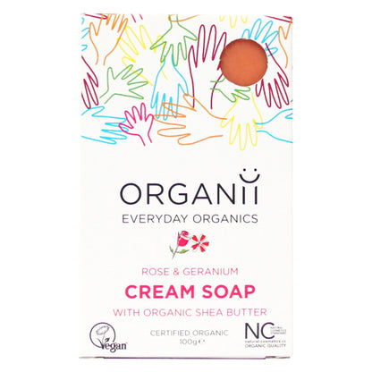 Organii Rose and Geranium Cream Soap Bar with organic shea butter in a biodegradable box 