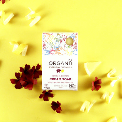 Organii Verbena and Lemon Cream Soap with organic shea butter in a biodegradable box with verbena and lemon