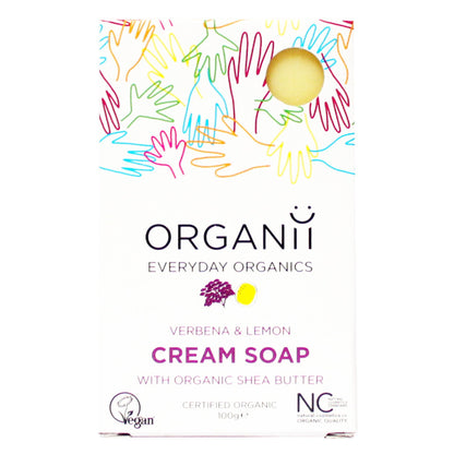 Organii Verbena and Lemon Cream Soap with organic shea butter in a biodegradable box