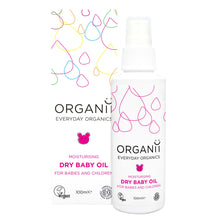 Organii Organic Dry Baby Oil for babies and children, a pump bottle and box on white background