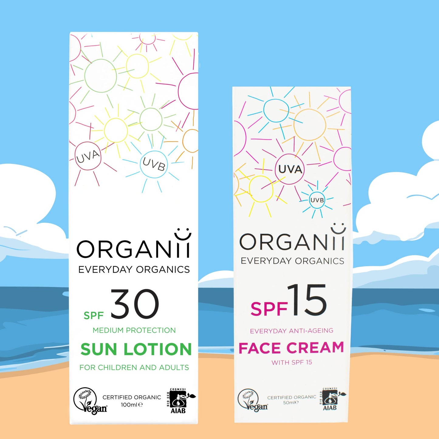 Organii Everyday Sun Care Duo features a box containing SPF30 Sun Milk and a Box containing SPF15 Face Cream on a beach background