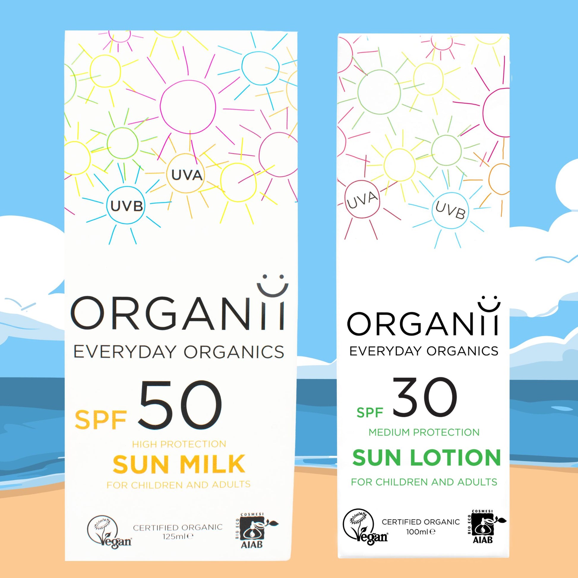 Two Boxes of Organii SPF50 Sun Milk and SPF30 Sun Lotion featuring UVA and UVB protection on a beach background