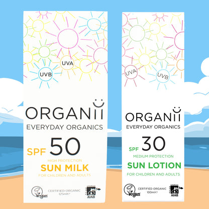 Two Boxes of Organii SPF50 Sun Milk and SPF30 Sun Lotion featuring UVA and UVB protection on a beach background