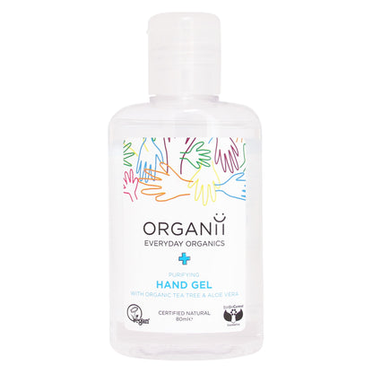 Organii Purifying Hand Gel with Organic Tea Tree and Organic Aloe Vera in a clear plastic bottle 