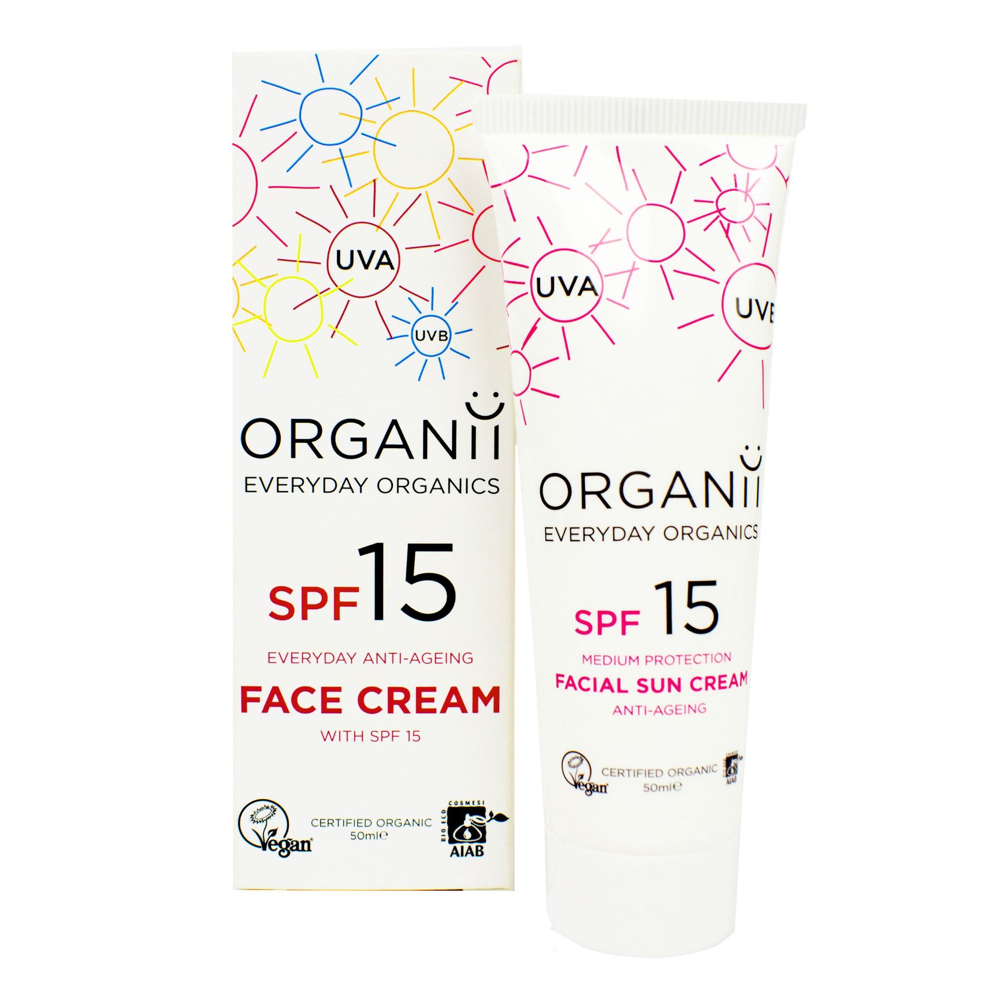 Organii Everyday Organics SPF15 Everyday anti-ageing Face Cream with SPF15 tube and box on white background