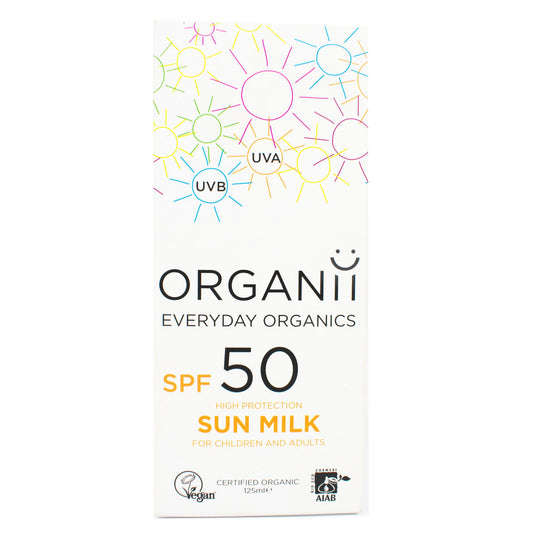 Organii Everyday Organics SPF50 High Protection Sun Milk cardboard box on white background
