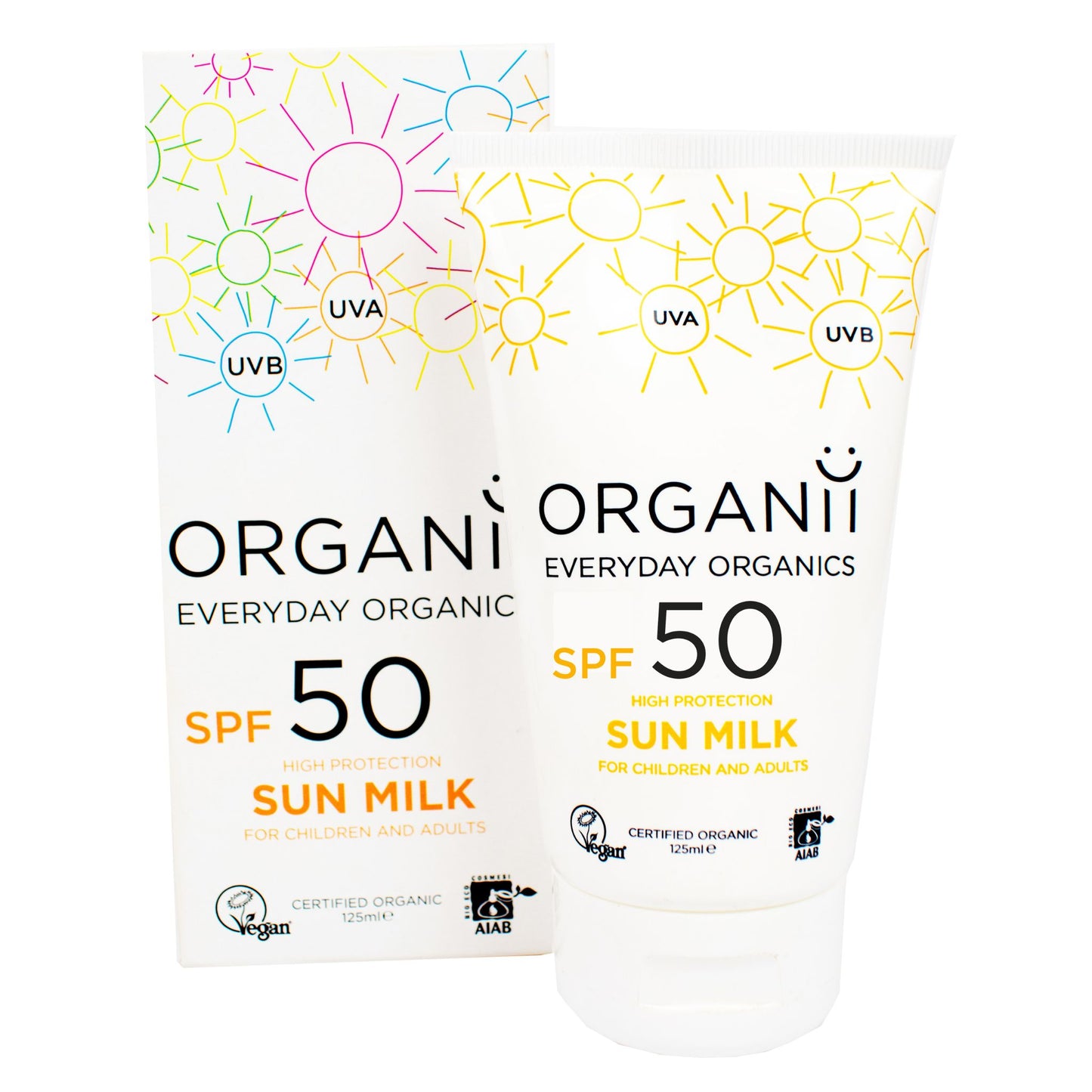 Organii Everyday Organics SPF50 High Protection Sun Milk in a plastic tube with a flip cap and a cardboard box on white background