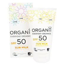 Organii Everyday Organics SPF50 High Protection Sun Milk in a plastic tube with a flip cap and a cardboard box on white background