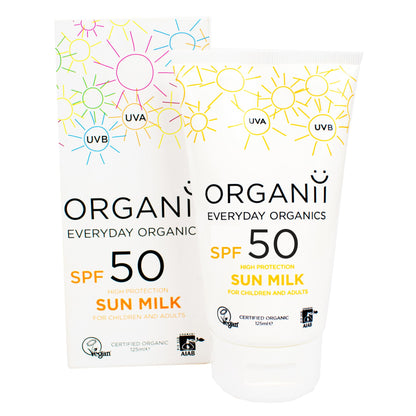 Organii Everyday Organics SPF50 High Protection Sun Milk in a plastic tube with a flip cap and a cardboard box on white background