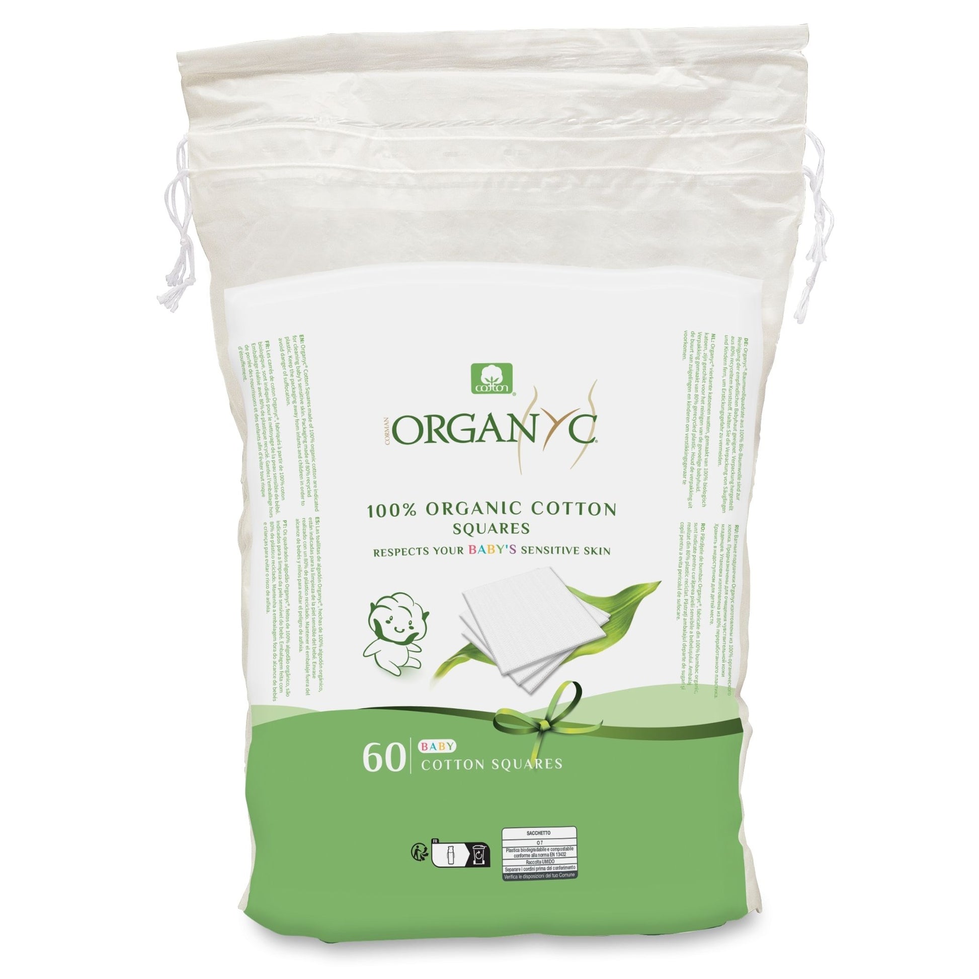 organyc baby cotton squares, respects your baby's sensitive skin containing 60 cotton squares on white background