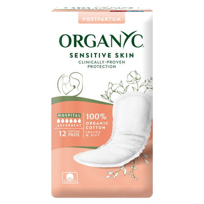 Organyc Sensitive Skin Maternity Pads made with organic cotton in a white and pink box on a white background.