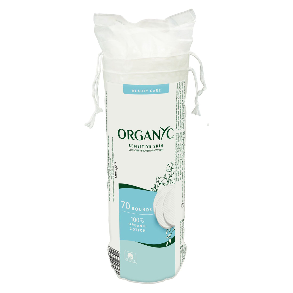 Organyc Organic Cotton Wool Pads for sensitive skin in a blue and white pouch on a white background.