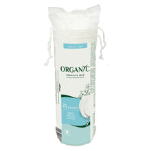 Organyc Organic Cotton Wool Pads for sensitive skin in a blue and white pouch on a white background.