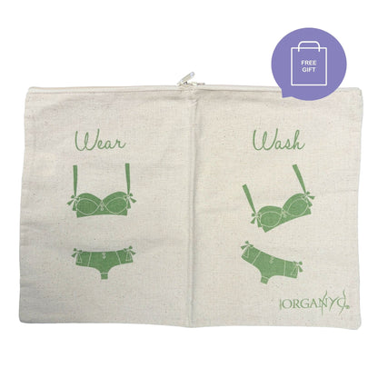 An off-white canvas zippered pouch with green printed graphics showing a bra and underwear under the words 'Wear' and 'Wash', on a white background with a purple 'FREE GIFT' badge in the top right.
