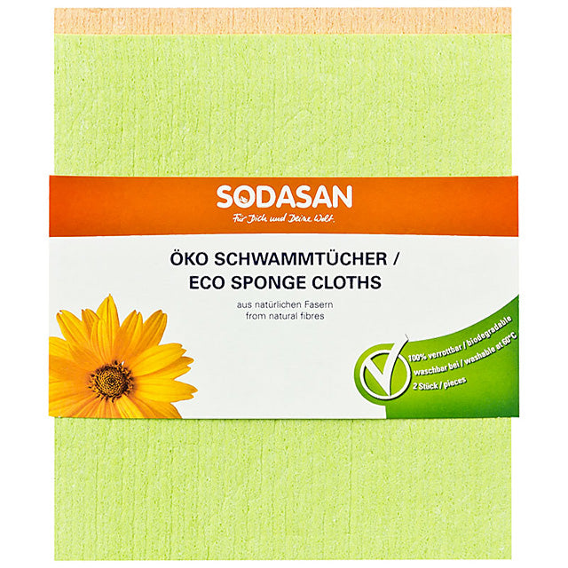 Sodasan Eco Sponge Cloths are a thin square sponge with a paper wrapper around the middle. 