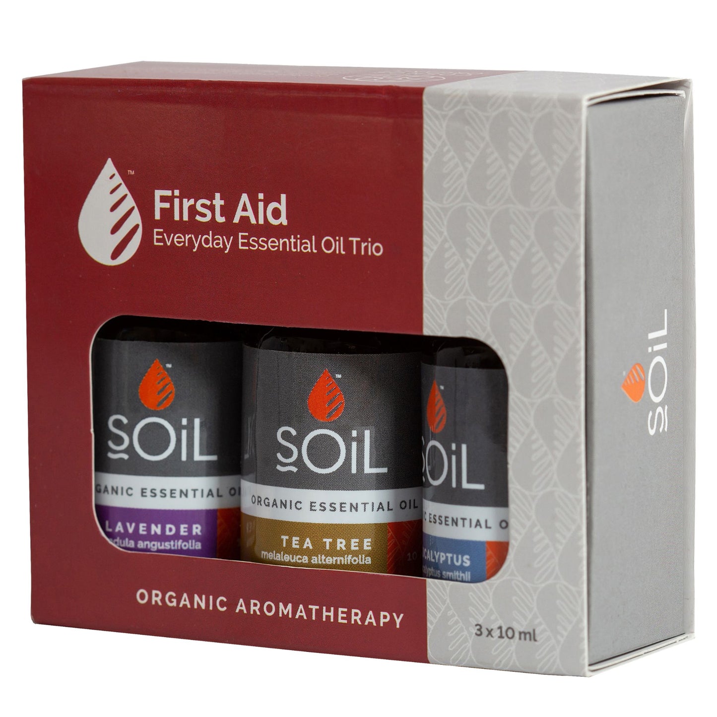First Aid Everyday Essential Oil Trio packaging with three essential oil bottles inside.