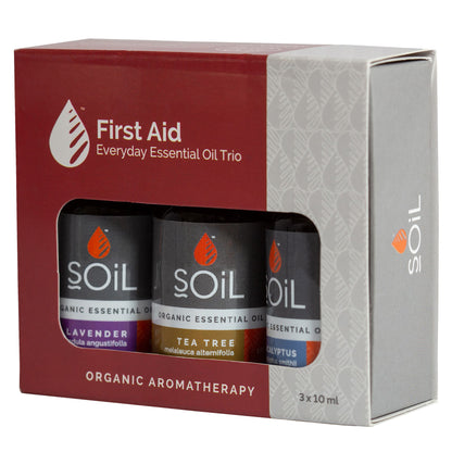 First Aid Everyday Essential Oil Trio packaging with three essential oil bottles inside.