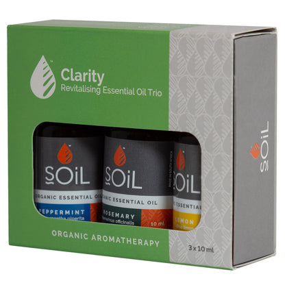 Clarity Revitalising Essential Oil Trio packaging with three essential oil bottles inside.