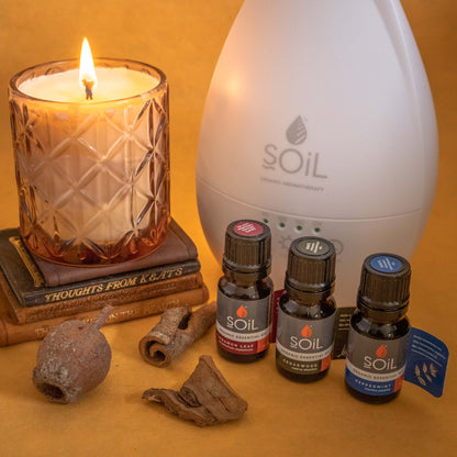 Candle, diffuser, and essential oil bottles on a warm-toned surface