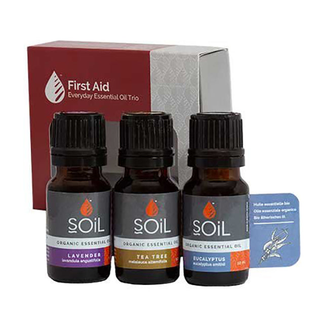 Soil First Aid Gift Set contains organic lavender, organic tea tree, and organic eucalyptus essential oils in a brown and grey box