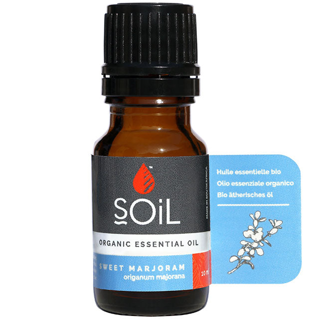 Soil organic Essential Oil Sweet Marjoram in a brown glass bottle eith a screw top lid