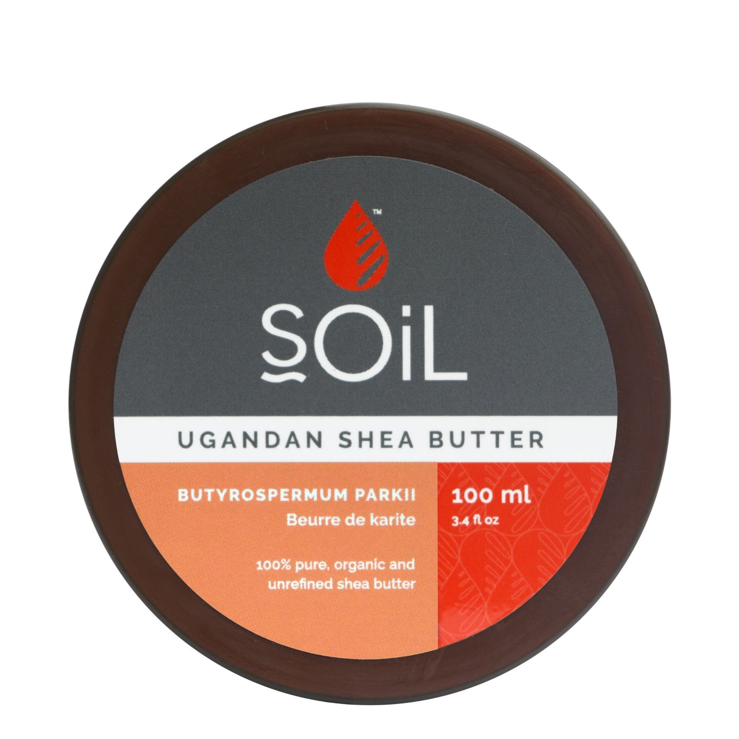Soil Ugandan Shea Butter, 100% pure organic and unrefined shea butter 100ml tub on a white background.