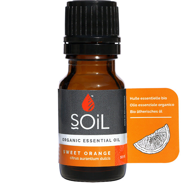 Soil Organic Essential Oil Sweet Orange in a brown glass bottle with a screw top lid