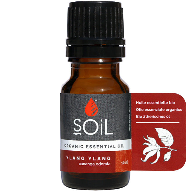 Soil Organic Essential Oil Ylang Ylang in a brown glass bottl with a screw top lid