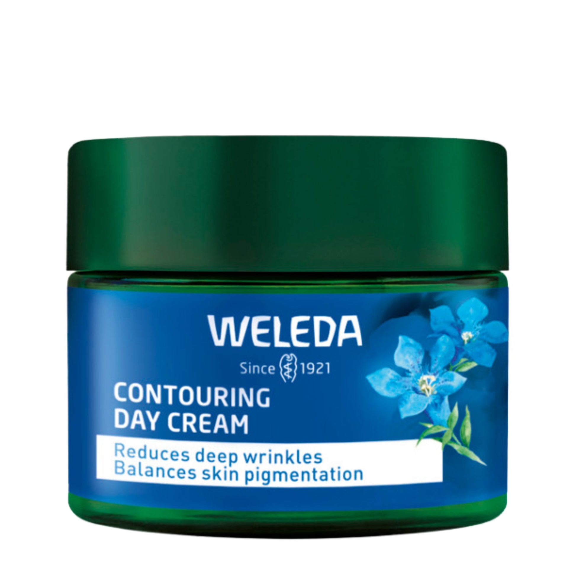 A jar of Weleda Contouring Day Cream with a dark green lid and a blue label featuring white text and blue flowers, set against a plain white background.