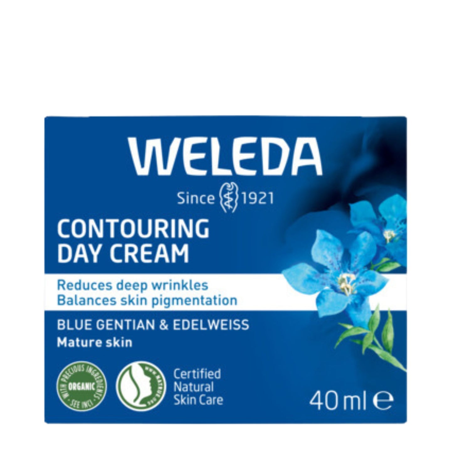 Weleda Contouring Day Cream 40ml packaging box, featuring a dark blue background with white text, blue flowers, and certification logos.