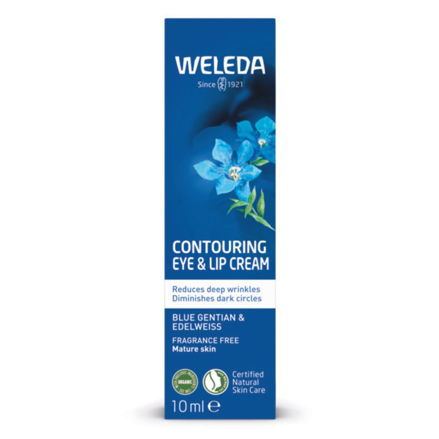 A blue packaging of Weleda Contouring Eye & Lip Cream on a clean white background. The packaging is dark blue with white text and a graphic of blue forget-me-not flowers.