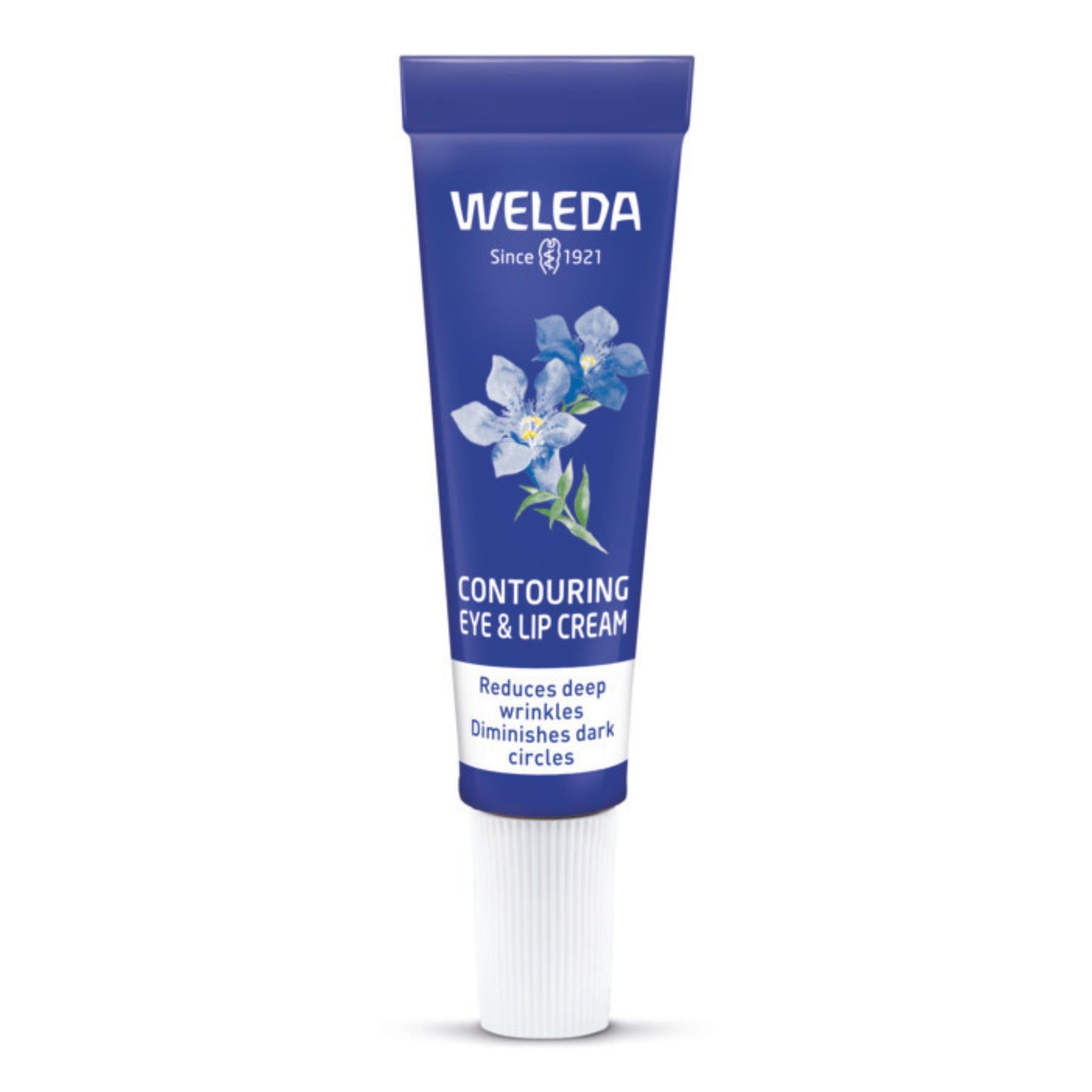 A tube of Weleda Contouring Eye & Lip Cream on a clean white background. The tube is dark blue with white text and a graphic of blue forget-me-not flowers, with a white ribbed cap.