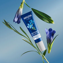A tube of Weleda Contouring Eye & Lip Cream on a light blue background with blue flowers. The tube is dark blue with white text and a graphic of blue forget-me-not flowers, with a white ribbed cap.