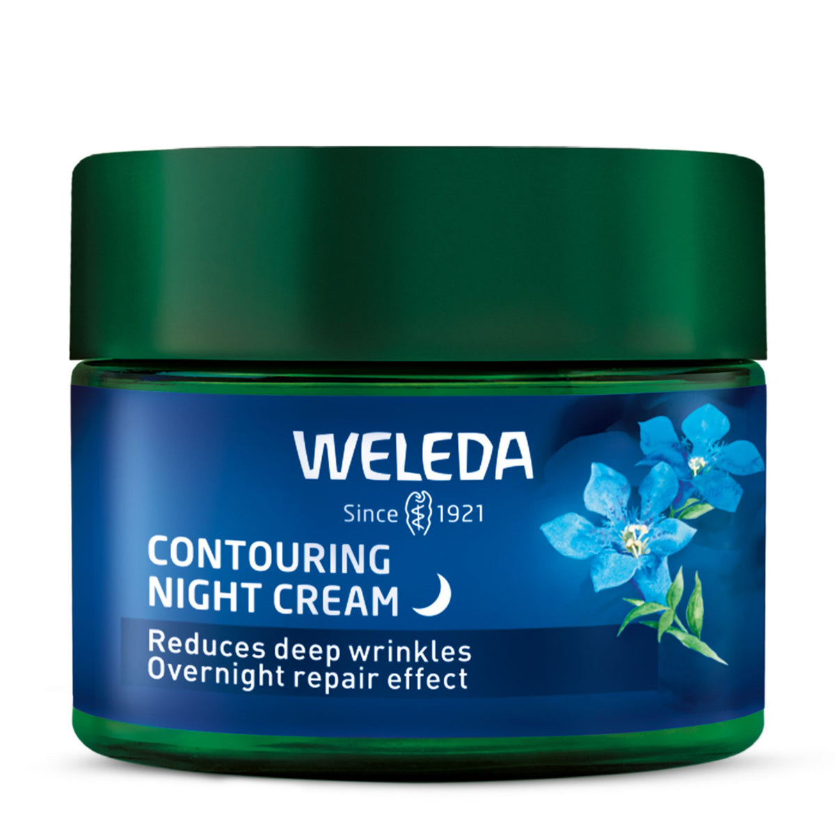 A jar of Weleda Contouring Night Cream with a dark green lid and a blue label featuring blue flowers, set against a plain white background.