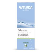 A tall rectangular box of Weleda Deep Cleansing Gel, featuring a light blue and white design with water droplets and a small green band near the bottom.
