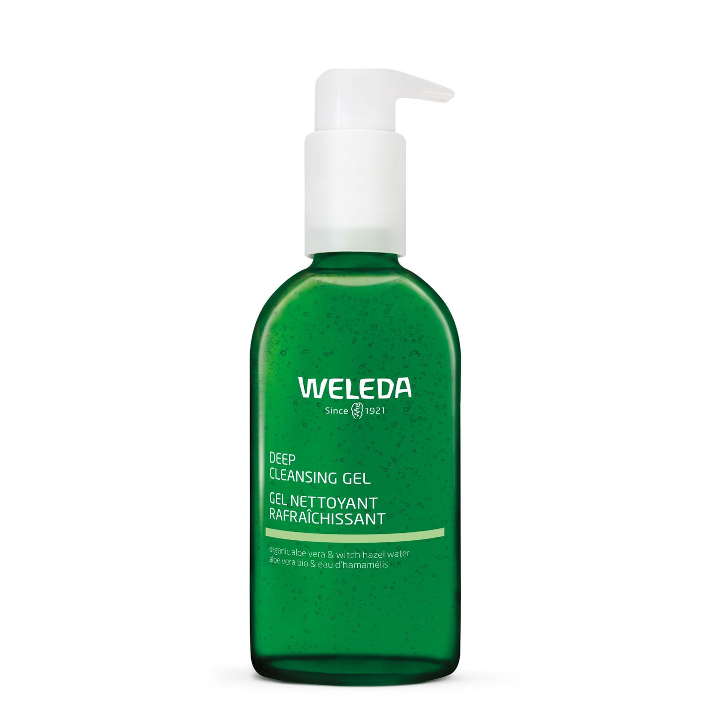 A bottle of Weleda Deep Cleansing Gel on a solid white background. The bottle is a translucent dark green with a white pump dispenser, featuring the brand name 'WELEDA' in white text on the front.