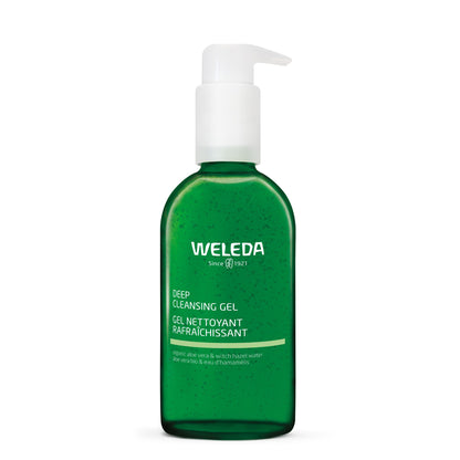 A bottle of Weleda Deep Cleansing Gel on a solid white background. The bottle is a translucent dark green with a white pump dispenser, featuring the brand name 'WELEDA' in white text on the front.