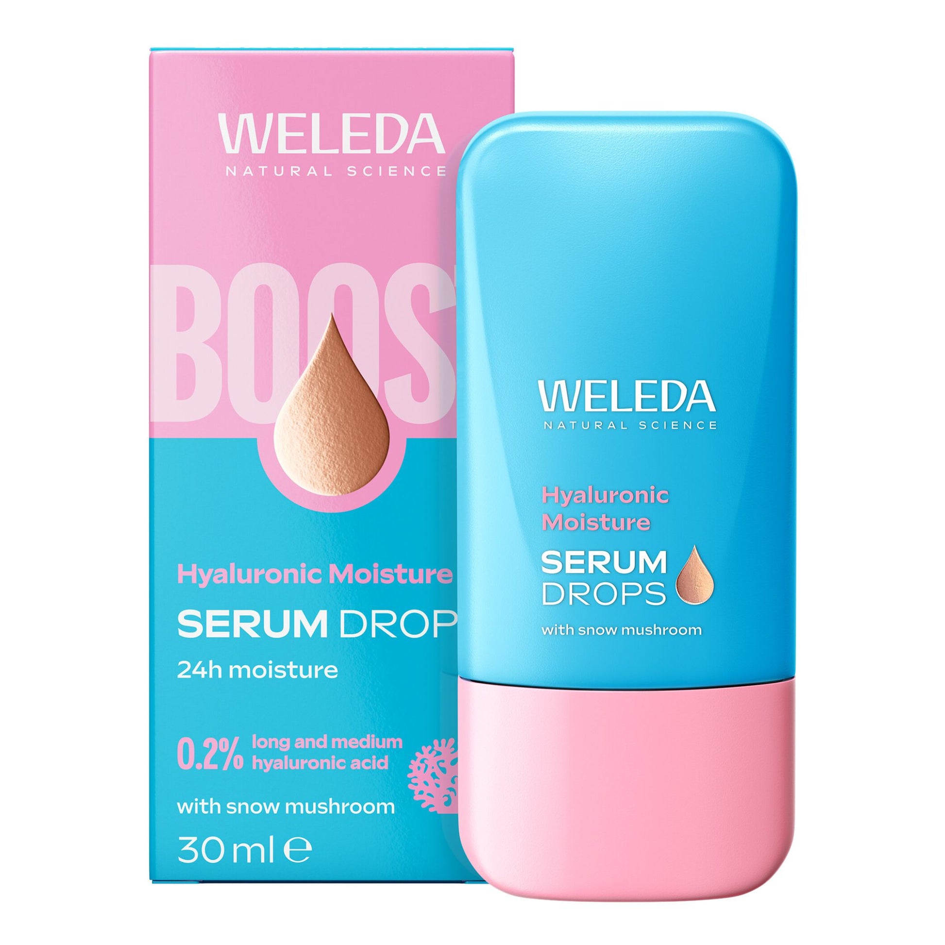 Weleda Natural Science Serum Drops Hyaluronic Moisture Serum Drops 30ml bottle in blue and pink next to its retail box, on a white background.
