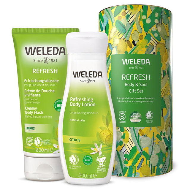 Weleda Refresh Body and Soul Gift Set. Full Size Refresh Body Lotion and Refresh Creamy Body Wash in a Round Cardboard Tube 