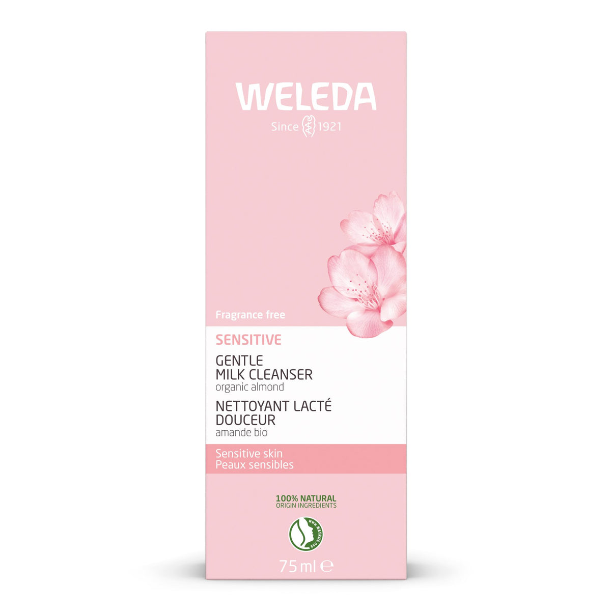 A 75ml box of Weleda Sensitive Gentle Milk Cleanser, featuring a soft pink and white design with a pink flower illustration on the front.